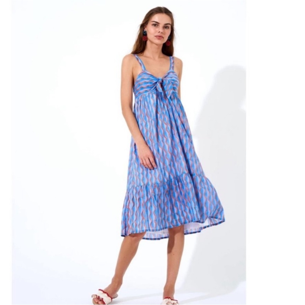 Tuckernuck || Oliphant Wave Tie Front Midi Dress Sundress Blue Orange Small